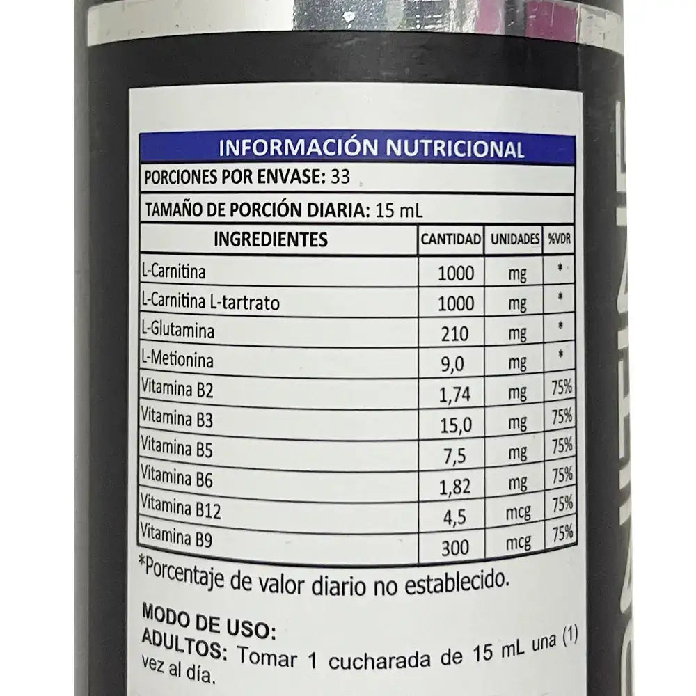 Etiqueta nutricional de suplemento con L-Carnitina, vitaminas B y modo de uso para adultos