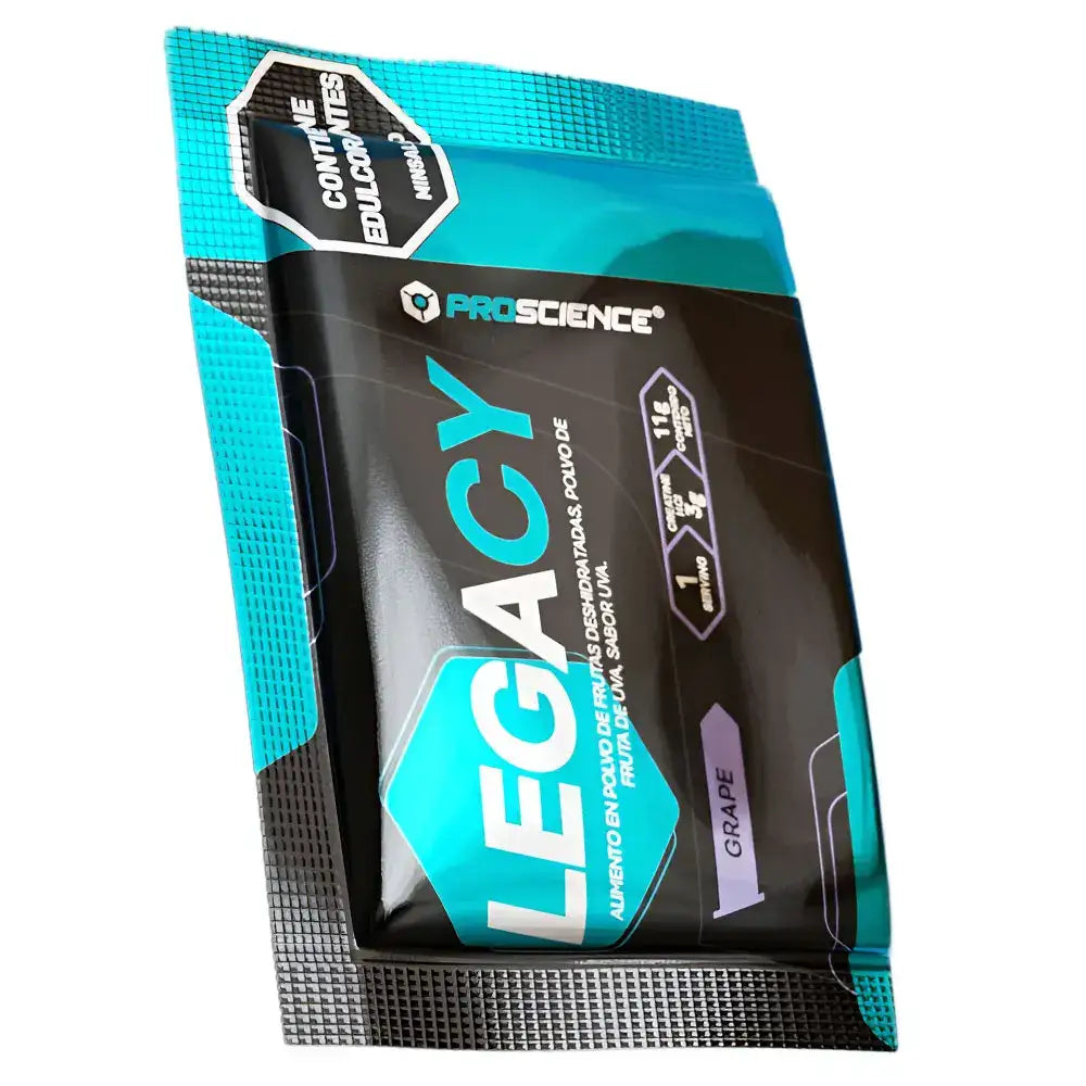 Suplemento Legacy ProScience sabor uva, polvo de frutas deshidratadas, creatina y carbohidratos