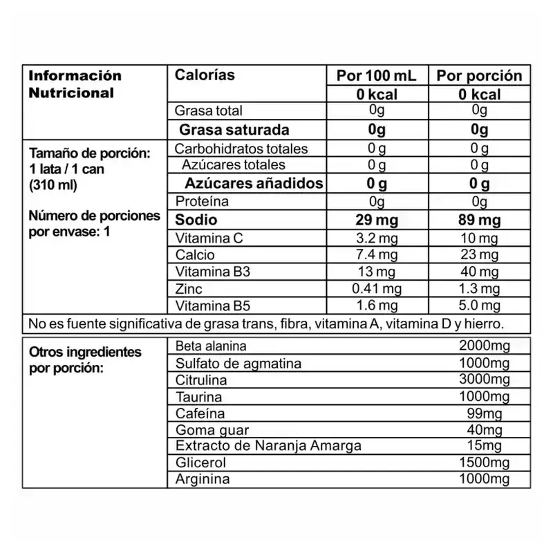 Tabla nutricional de suplemento con sodio, vitaminas B3, B5, beta alanina, taurina y cafeína por porción