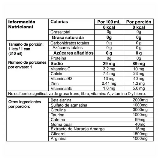 Tabla nutricional de suplemento con sodio, vitaminas B3, B5, beta alanina, taurina y cafeína por porción