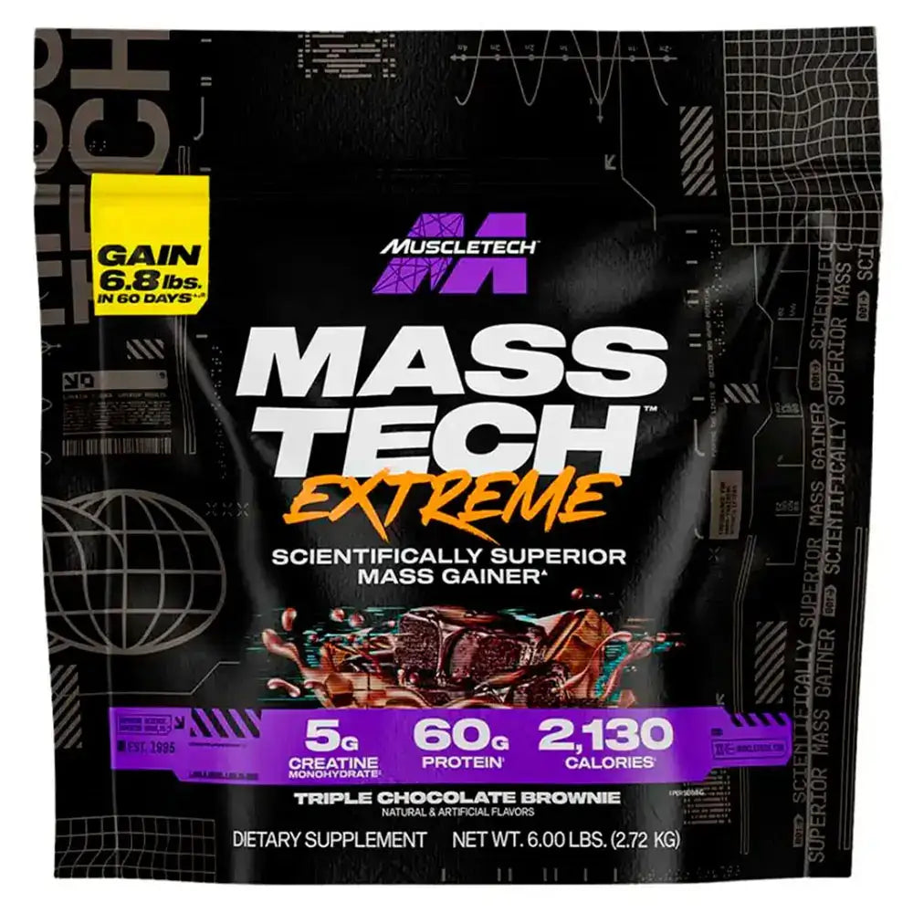 Mass Tech Extreme de MuscleTech, suplemento para ganar masa muscular con proteína y creatina, sabor triple chocolate brownie