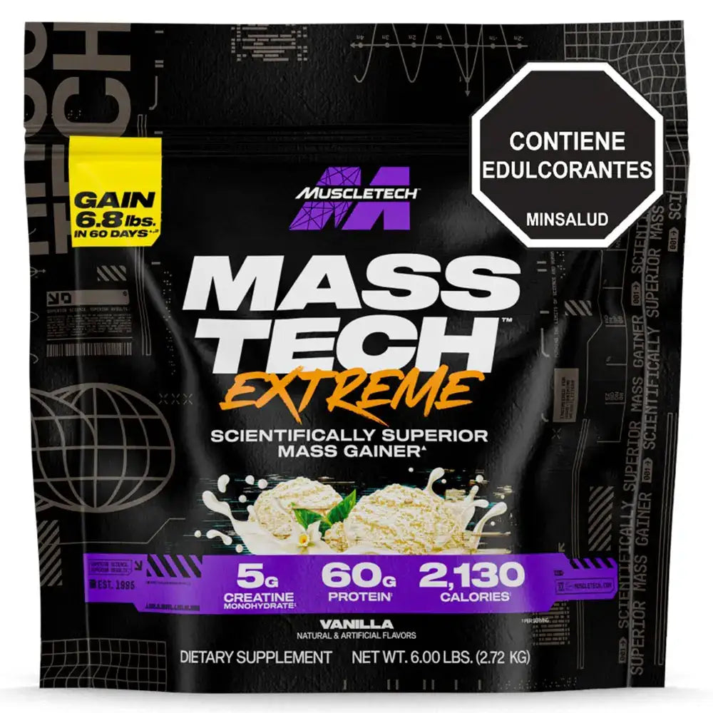 Mass Tech Extreme de MuscleTech, suplemento ganador de masa muscular con 60g proteína y 2,130 calorías, sabor vainilla