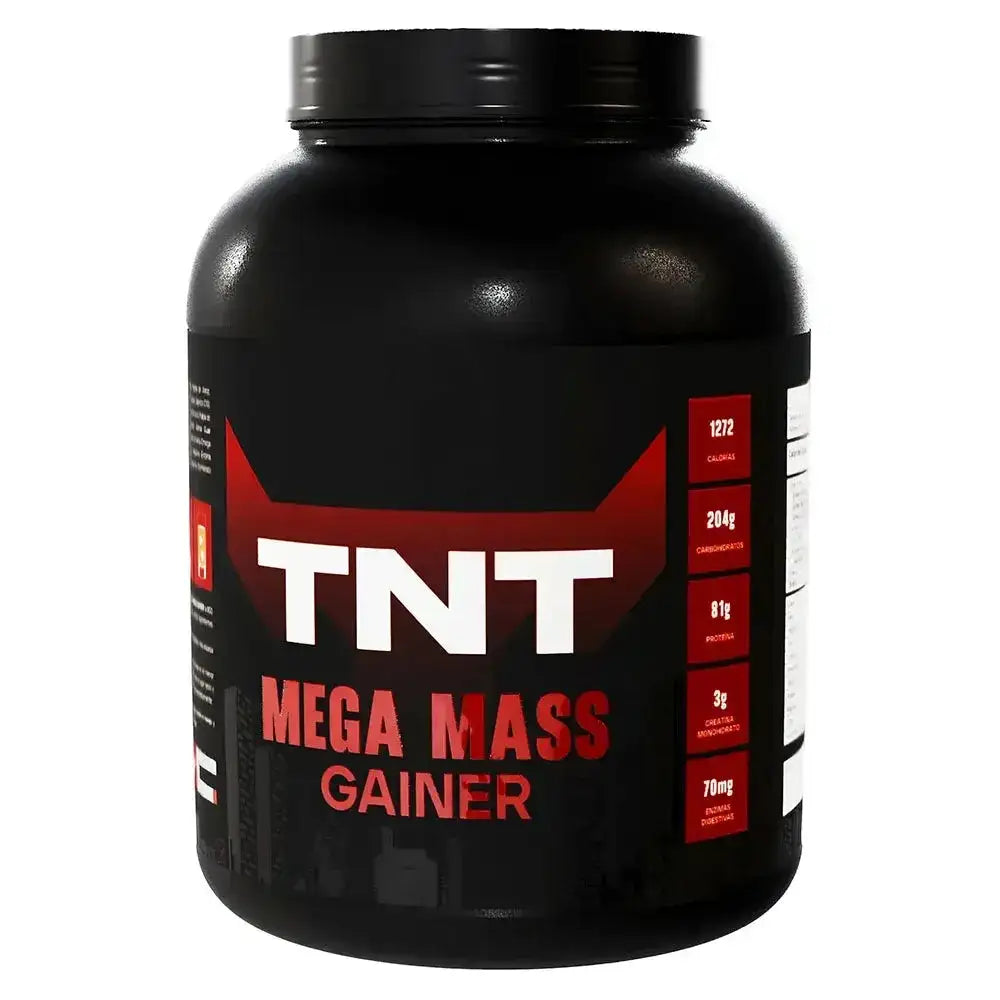 Suplemento TNT Mega Mass Gainer para ganar masa muscular, con proteína y creatina