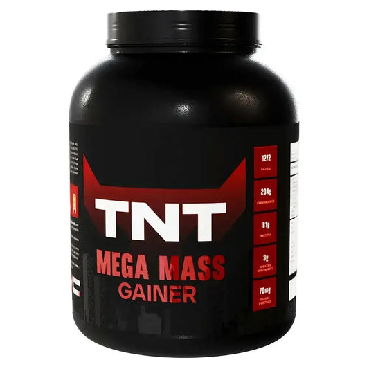Suplemento TNT Mega Mass Gainer para ganar masa muscular, con proteína y creatina