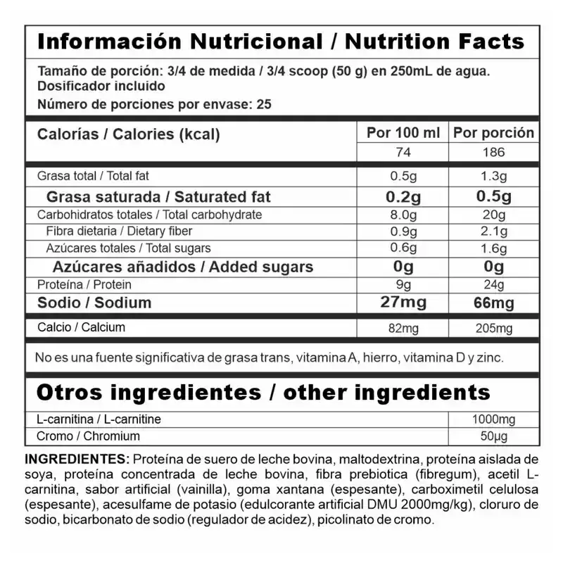 Tabla nutricional de proteína con L-carnitina, 24g de proteína por porción, ideal para fitness y suplementación deportiva