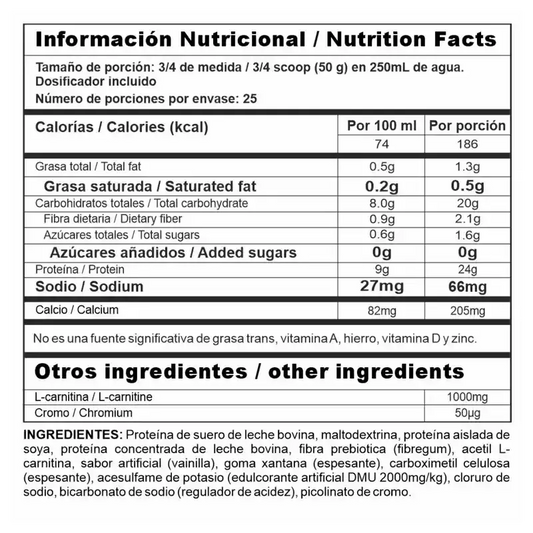 Tabla nutricional de proteína con L-carnitina, 24g de proteína por porción, ideal para fitness y suplementación deportiva