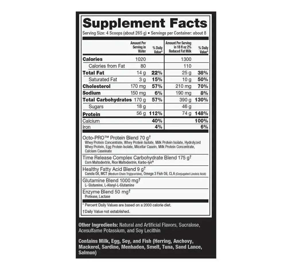 Tabla de hechos nutricionales de suplemento proteico con proteína, carbohidratos y vitaminas para fitness