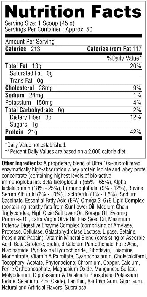 Tabla de hechos nutricionales de suplemento proteico con 21g de proteína por porción, ideal para fitness y entrenamiento.