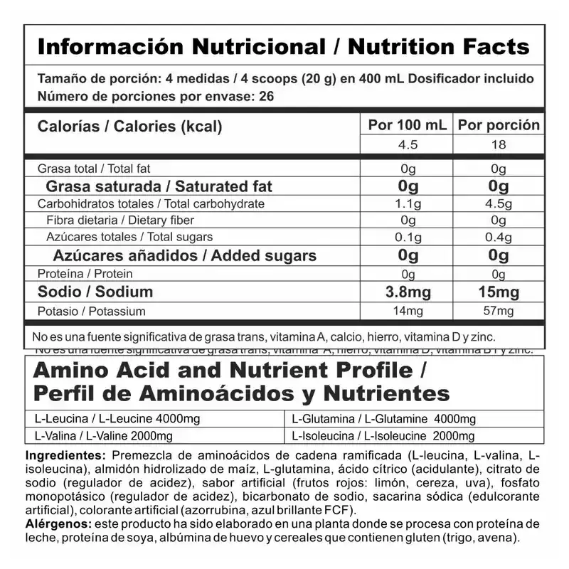 Tabla nutricional de suplemento con aminoácidos, proteína y vitaminas para fitness y entrenamiento