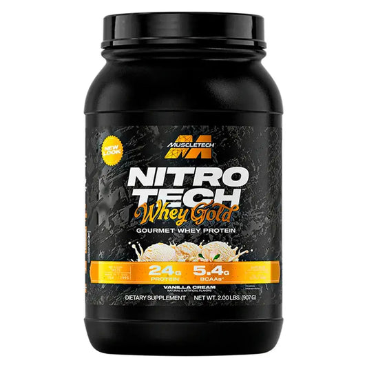 Proteína Muscletech Nitro Tech Whey Gold sabor vainilla, 24g proteína por porción, suplemento deportivo