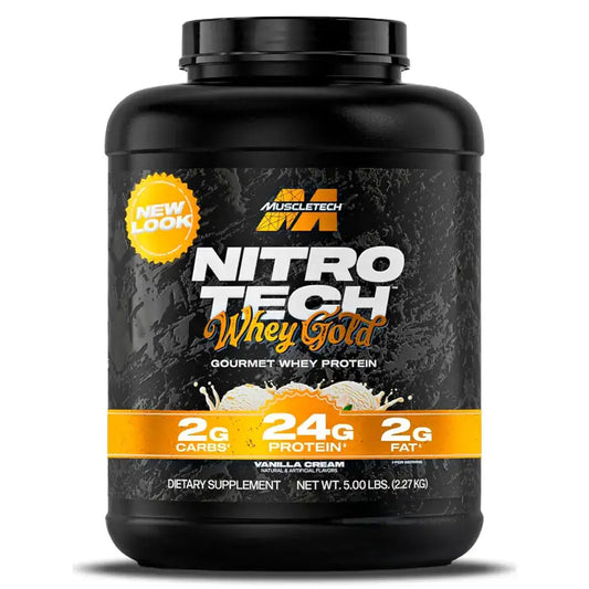 Proteína Whey Gold de MuscleTech, 24g de proteína por porción, sabor vainilla, suplemento dietético