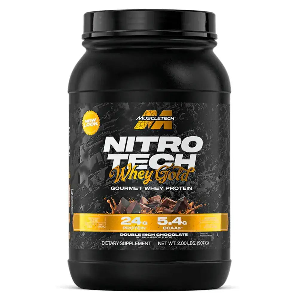 Proteína Muscletech Nitro Tech Whey Gold sabor chocolate, 24g proteína por porción, suplemento deportivo