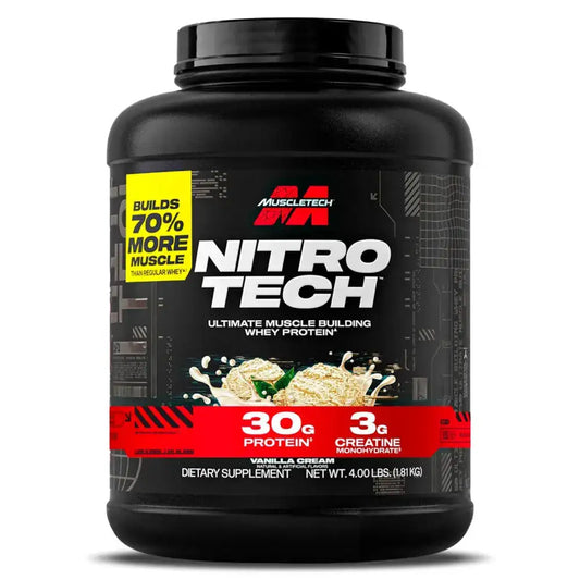 Proteína Muscletech Nitro Tech sabor vainilla, 30g proteína y 3g creatina por porción, suplemento para construcción muscular