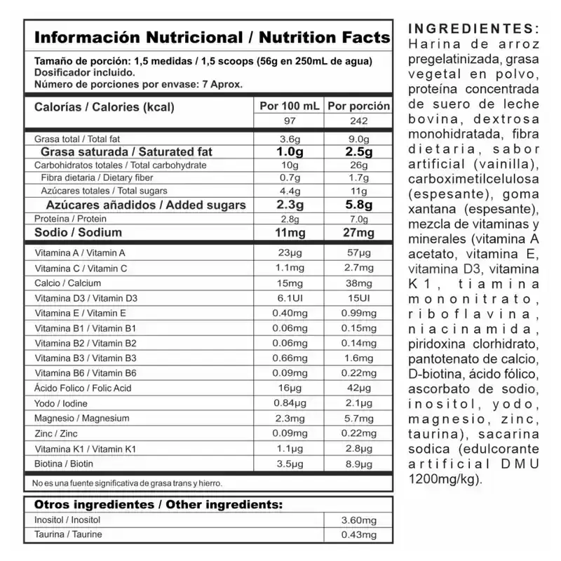 Tabla nutricional de suplemento con proteína, vitaminas y minerales para fitness y entrenamiento