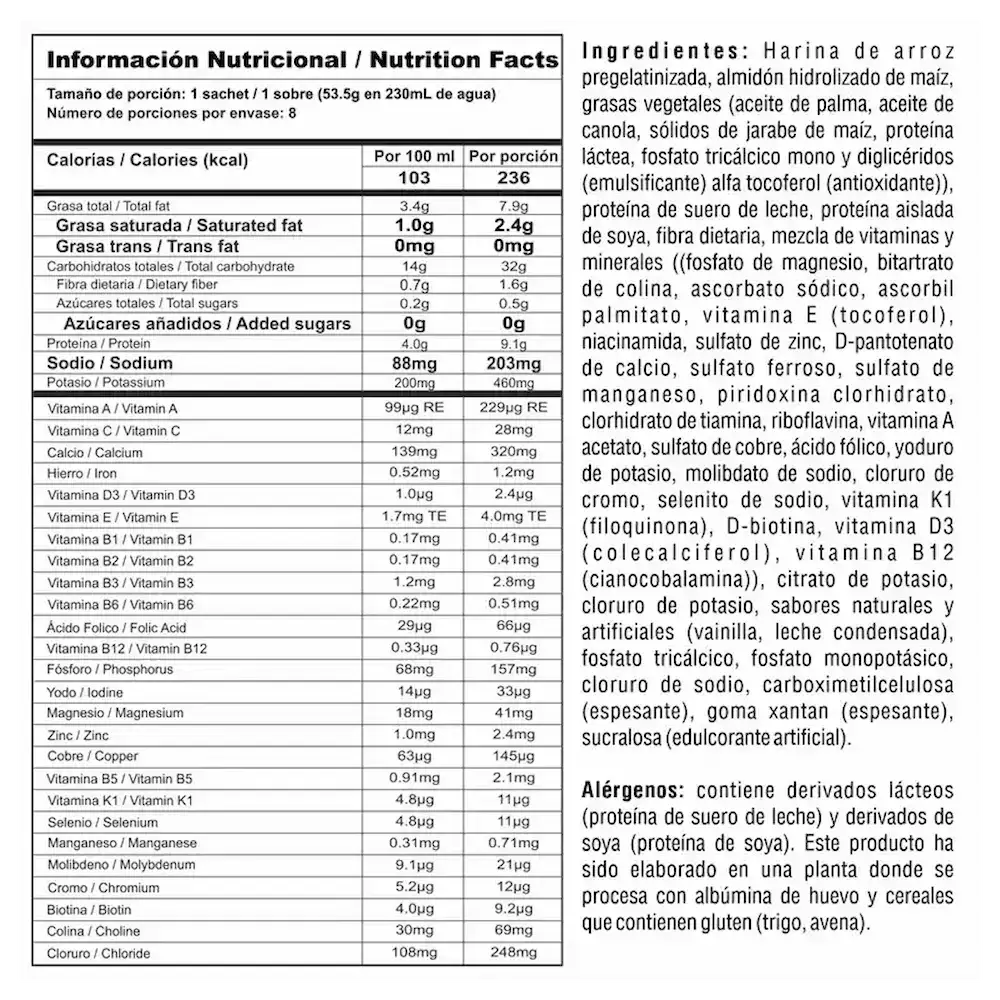 Tabla nutricional y lista de ingredientes de suplemento deportivo con proteínas, vitaminas y minerales