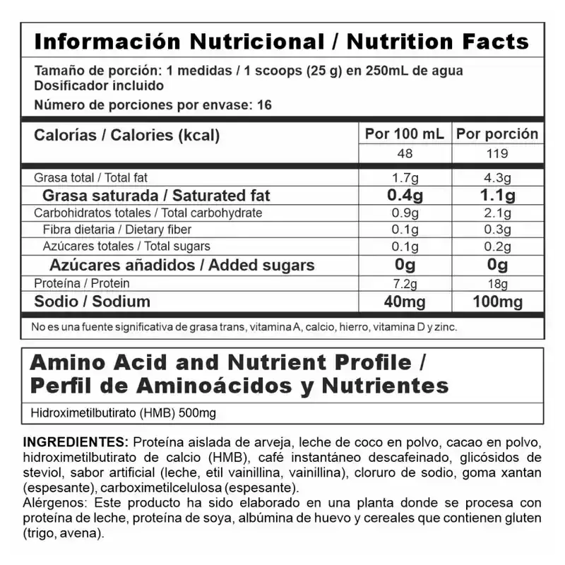 Tabla nutricional de suplemento con proteína, HMB y aminoácidos para fitness y entrenamiento en Colombia