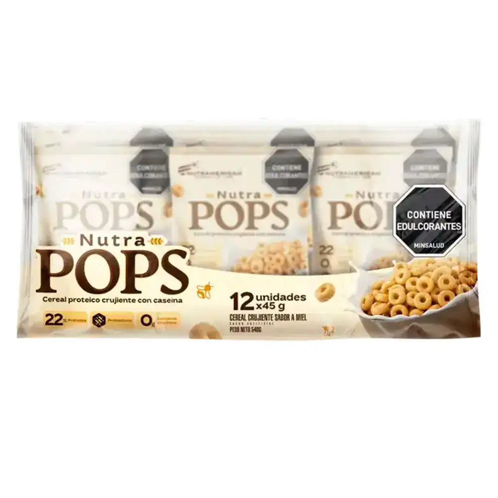 Nutra Pops cereal proteico crujiente con caseína, 12 unidades sabor miel, 22g proteína por porción