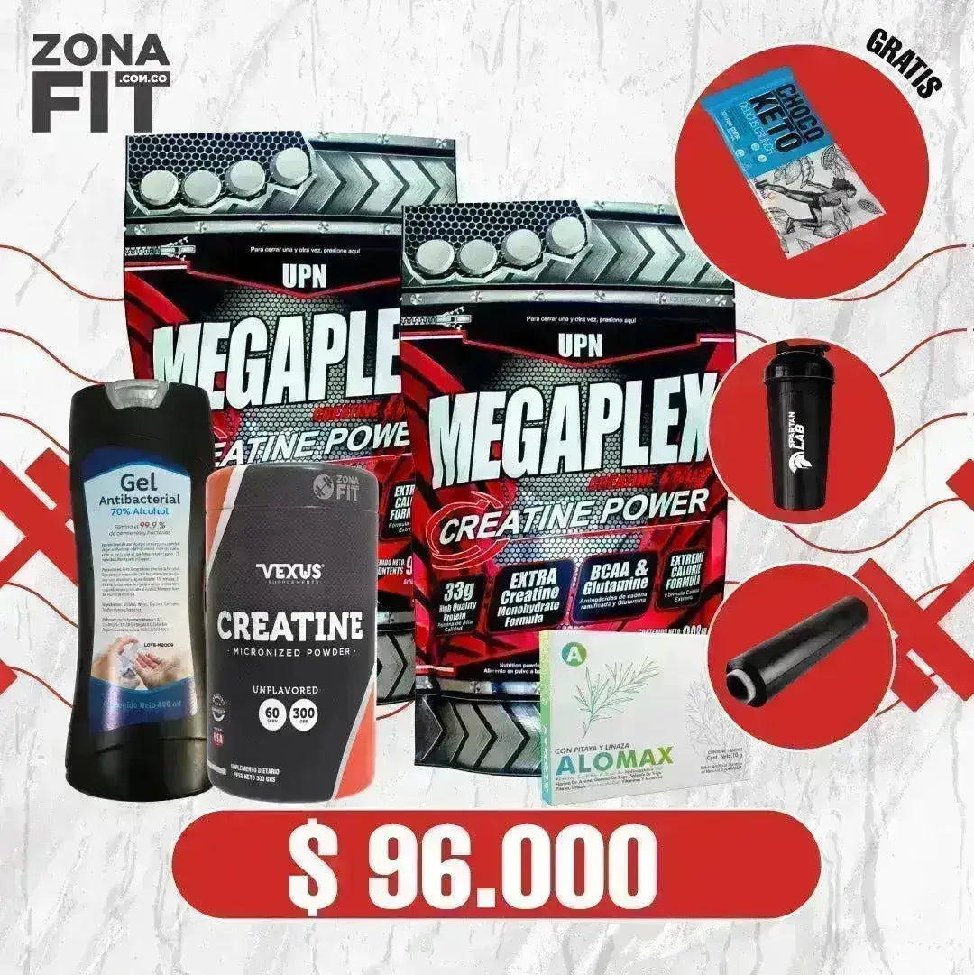 2 Unid Megaplex 2 lb + Creatine 300 gr + Gel Antibacterial + Shaker - Zona FIT
