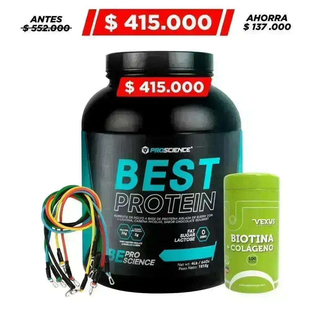 Best Protein 4 lb + Cuerdas de tensión + Biotina + Colágeno 100 caps - Zona FIT