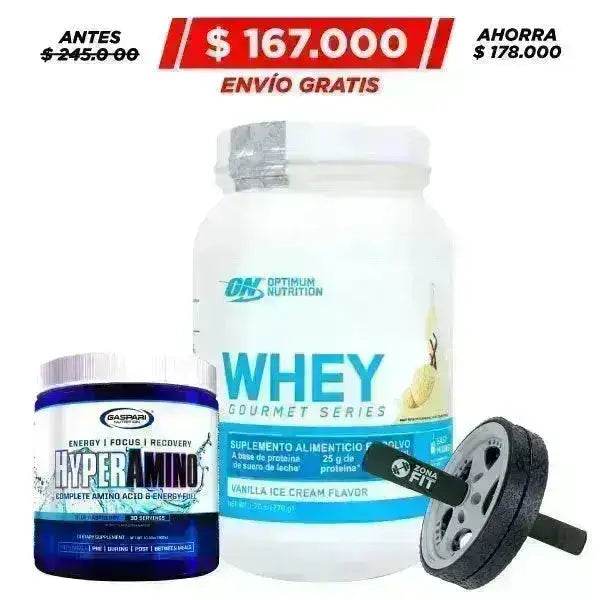 HyperAmino 30 serv + Whey Gourmet 465 gr + Rueda Abdominal - Zona FIT