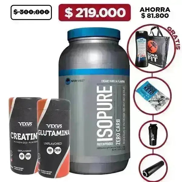 Isopure 3 lb + Glutamine 300 gr + Creatine 300 gr + Gel Antibacterial + Obsequio - Zona FIT