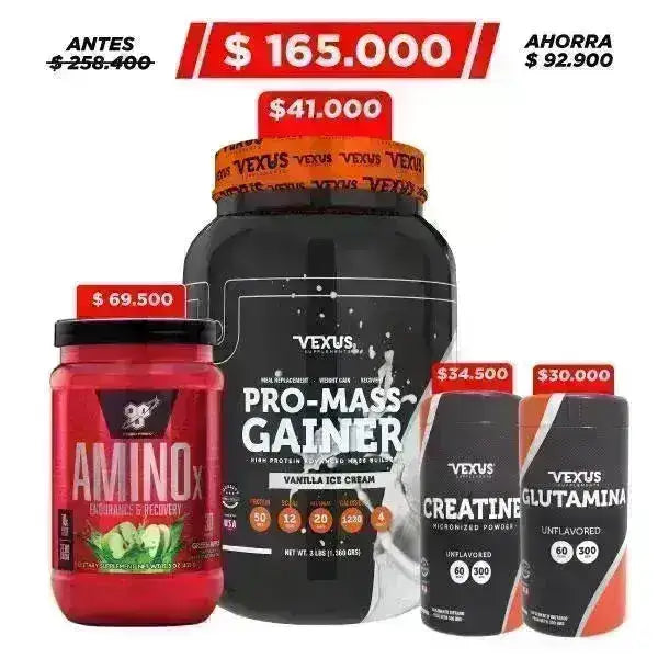 Pro Mass Gainer 3 lb + Amino X 30 serv + Creatine 300 gr - Zona FIT