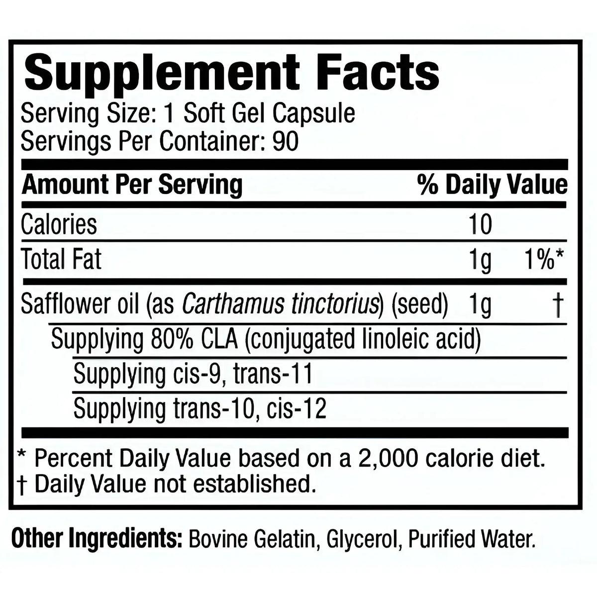 Etiqueta de hechos nutricionales de suplemento con aceite de cártamo y CLA para fitness