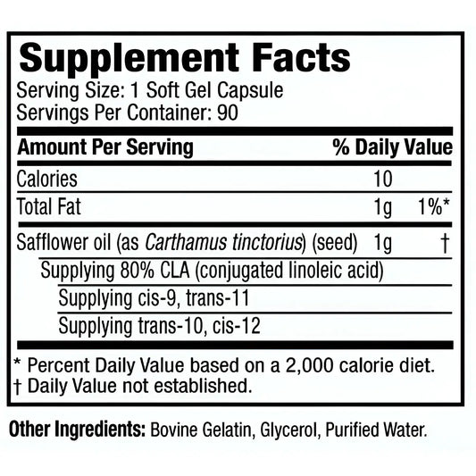 Etiqueta de hechos nutricionales de suplemento con aceite de cártamo y CLA para fitness