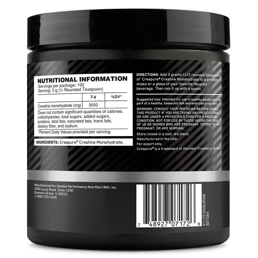 Creapure® Creatina Monohidrato, suplemento deportivo con información nutricional y dosis para rendimiento físico