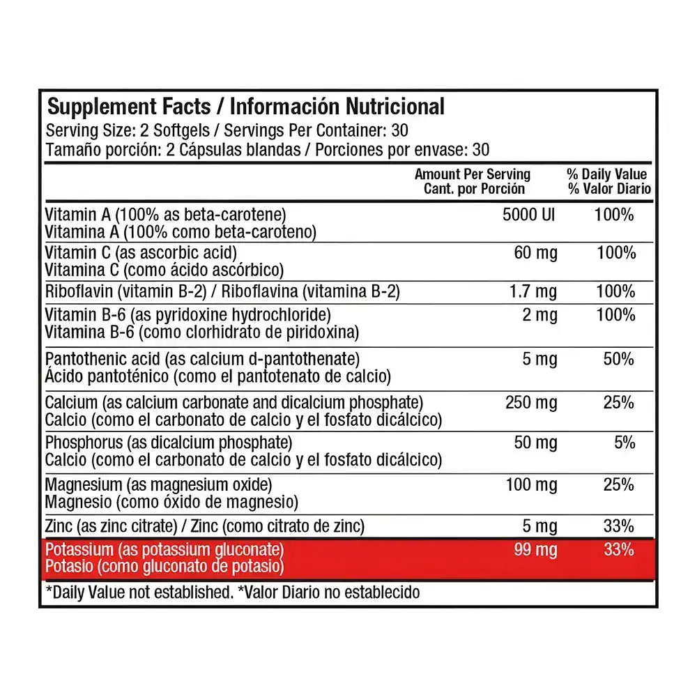 Tabla de hechos nutricionales de suplemento con vitamina A, C, B6, calcio, magnesio y potasio en cápsulas blandas