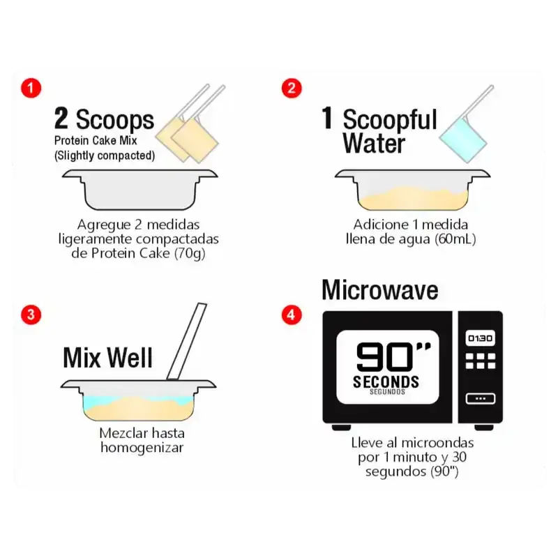 Instrucciones para preparar pastel de proteína: 2 cucharadas de mezcla, 1 de agua, mezclar y cocer 90 segundos en microondas