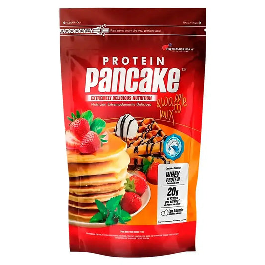 Mezcla de proteína para pancakes y waffles con 20g de proteína por porción, ideal para fitness y nutrición deportiva.