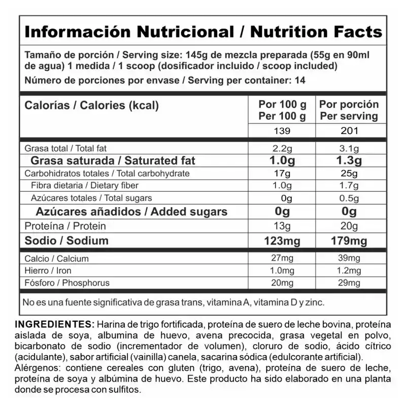 Tabla nutricional de proteína en polvo con valores por porción, ingredientes y alérgenos para suplementos fitness