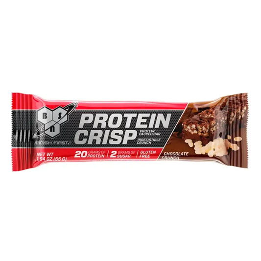 Barra proteica Protein Crisp sabor chocolate crunch, 20g proteína, sin gluten, ideal para fitness y entrenamiento
