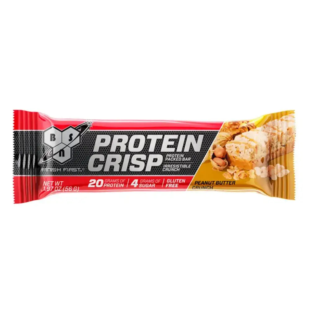 Barra proteica crujiente sabor mantequilla de maní, 20g proteína, sin gluten, ideal para fitness y entrenamiento