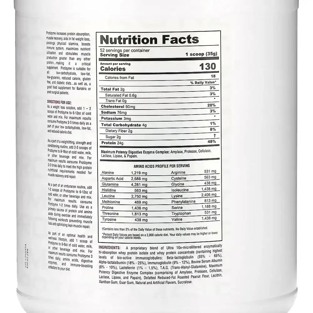 Etiqueta nutricional de suplemento proteico con aminoácidos y enzimas digestivas para recuperación muscular