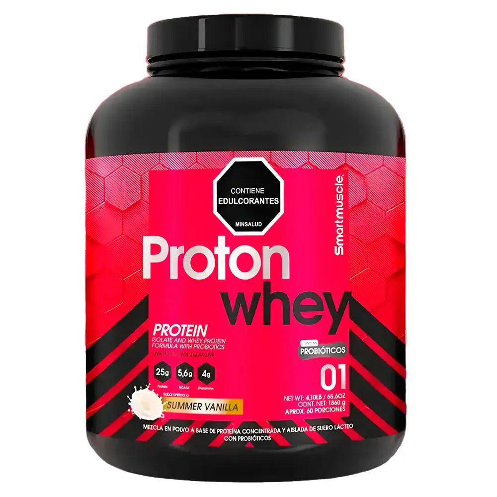 Proton Whey proteína en polvo sabor vainilla, con probióticos y 25g de proteína por porción
