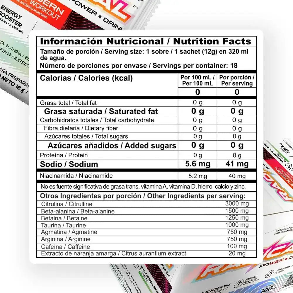 Tabla nutricional de suplemento pre-entreno con ingredientes como beta-alanina, cafeína y taurina para rendimiento deportivo