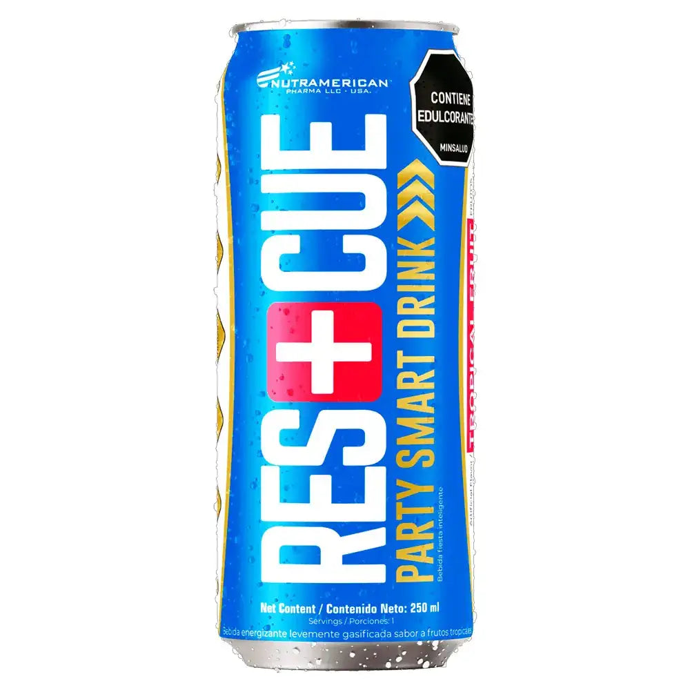 Lata de RES+CUE Party Smart Drink sabor frutos tropicales, bebida energizante con edulcorante