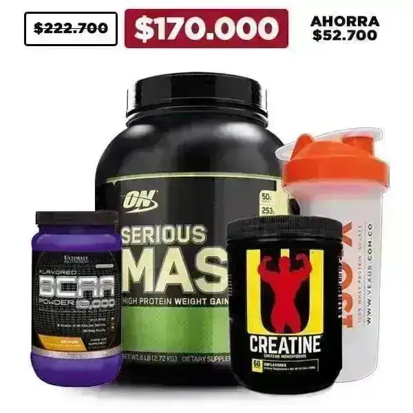 Serious Mass 6 lb + BCAA Powder 30 serv + Creatine 300 gr + Shaker - Zona FIT