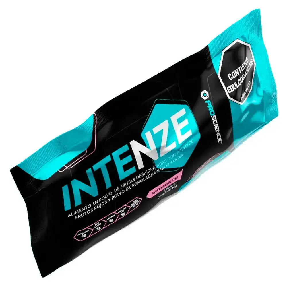 Intenze sabor sandía, suplemento en polvo con frutas deshidratadas y remolacha, ideal para fitness y entrenamiento