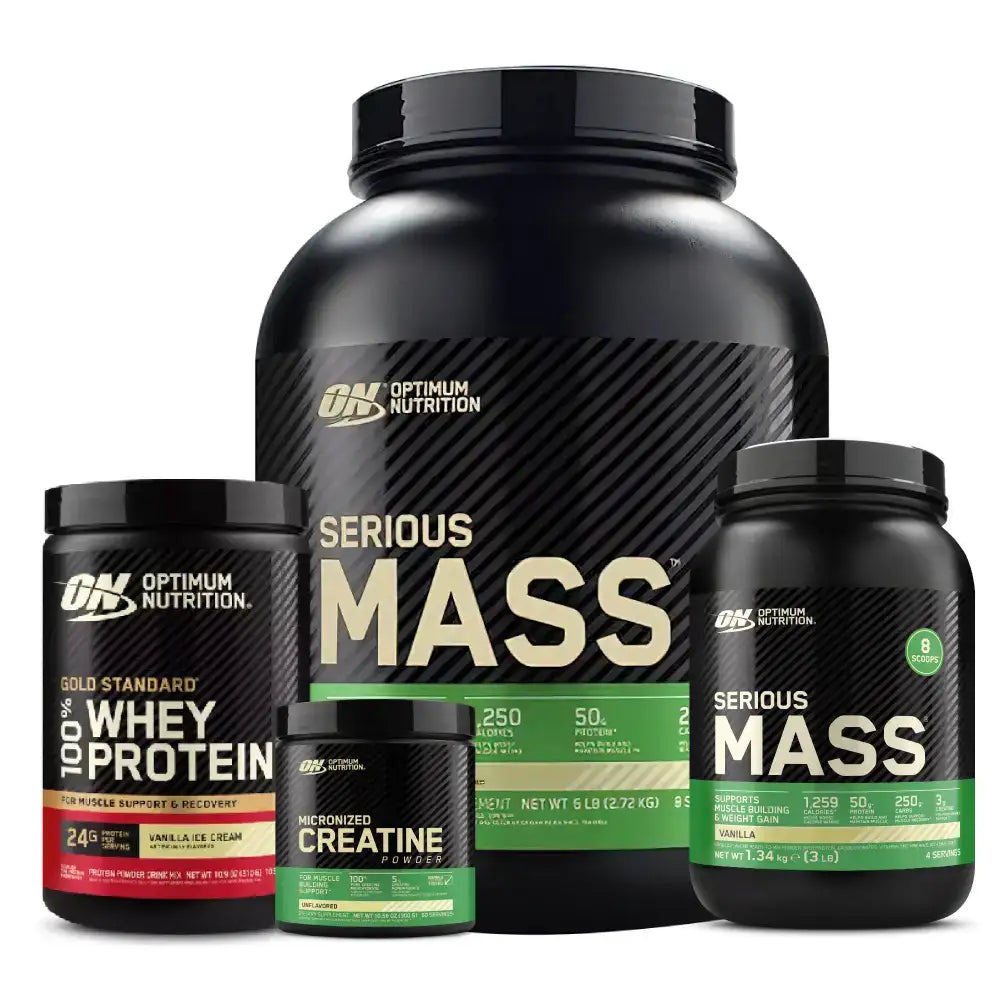 Suplementos Optimum Nutrition: Serious Mass, Whey Protein y Creatina para ganar masa muscular y energía