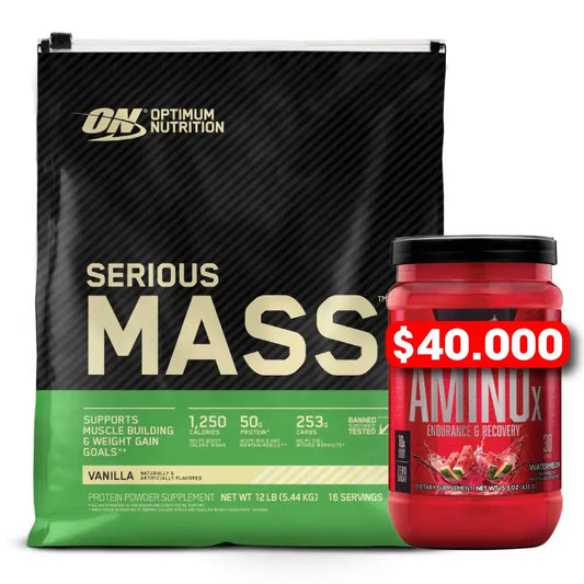 Suplemento Serious Mass de Optimum Nutrition para ganar masa muscular y aminoácidos AminOx sabor sandía