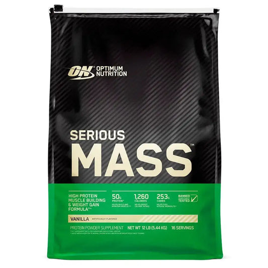 Suplemento proteico Serious Mass de Optimum Nutrition para ganar masa muscular y peso, sabor vainilla