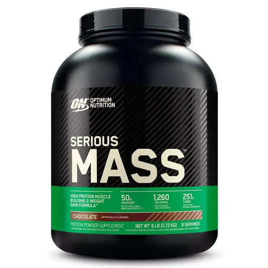 Suplemento proteico Serious Mass de Optimum Nutrition, fórmula para ganar masa muscular y peso, sabor chocolate