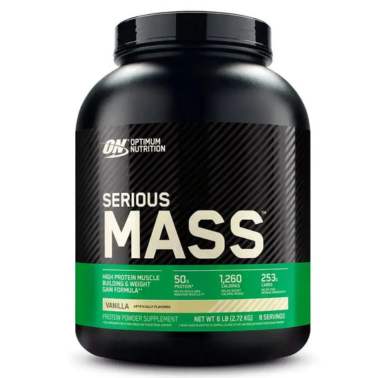 Suplemento proteico Serious Mass de Optimum Nutrition, fórmula para ganar masa muscular y peso, sabor vainilla