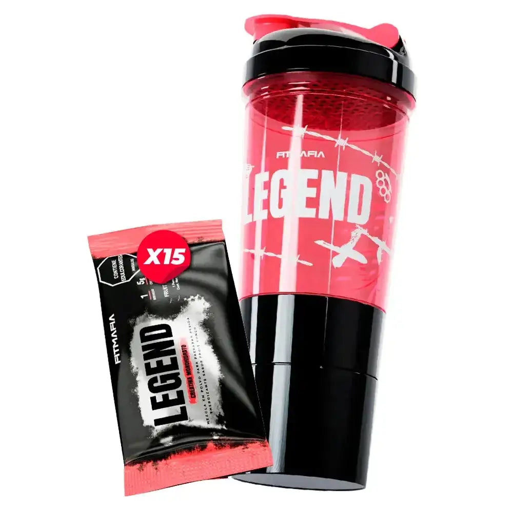 Batidora roja y negra con suplemento Legend X15, ideal para proteínas y creatinas en entrenamientos fitness