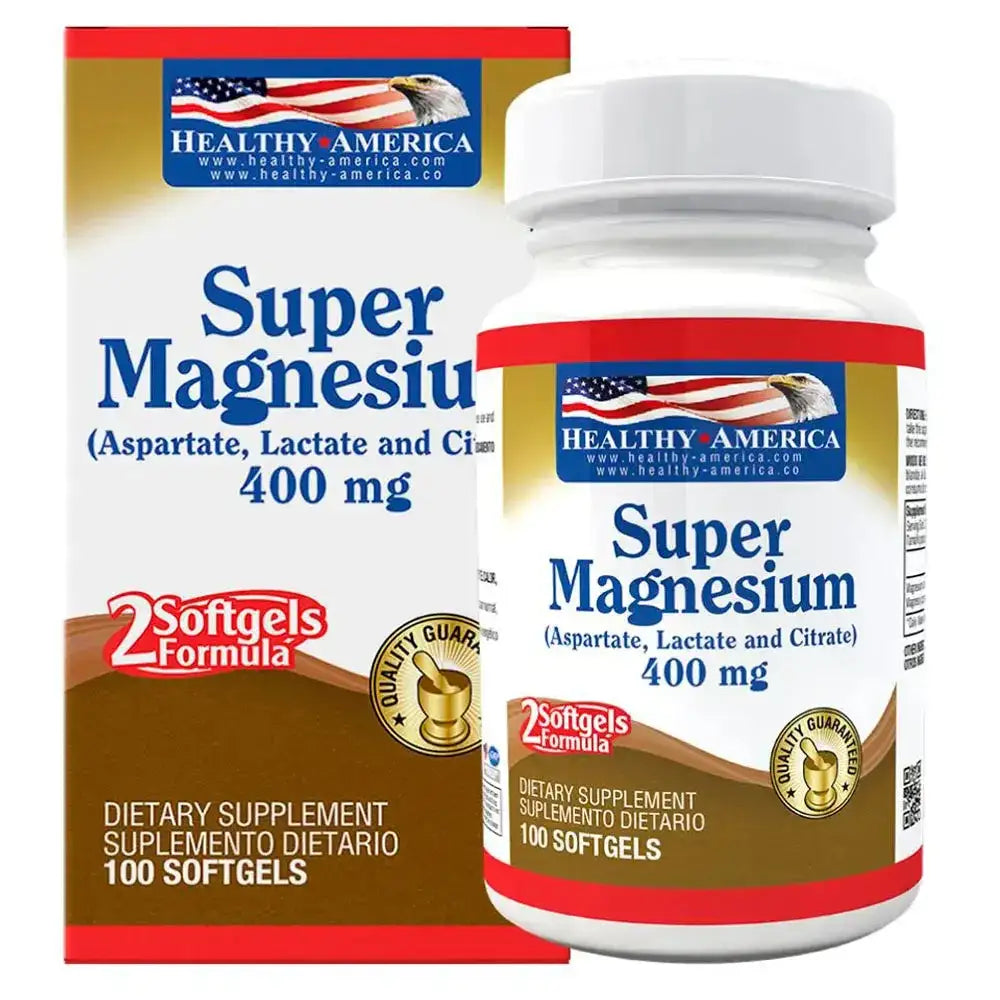 Super Magnesium 400 mg, suplemento dietario con 2 softgels fórmula, 100 cápsulas