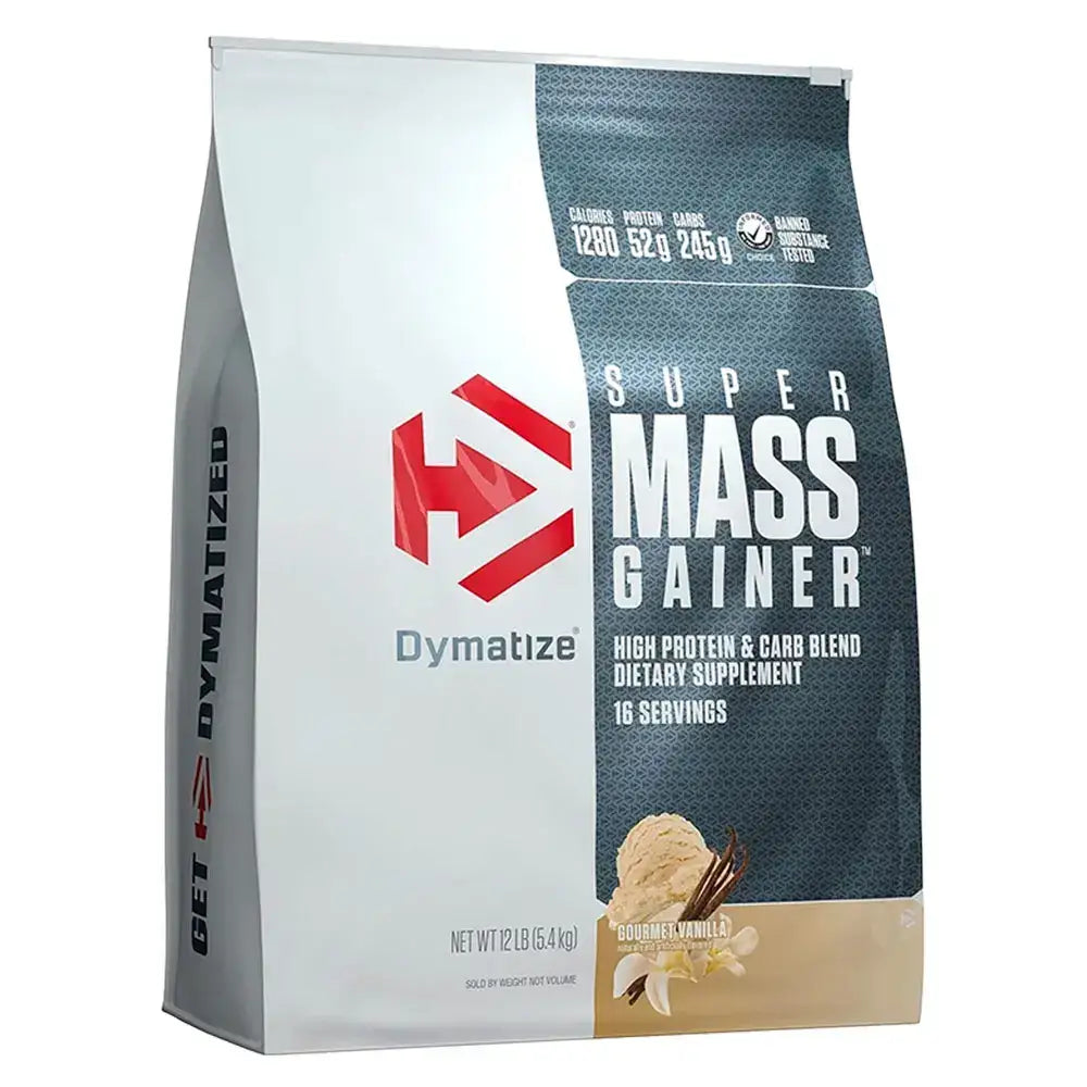 Suplemento Super Mass Gainer de Dymatize, mezcla alta en proteína y carbohidratos, sabor vainilla gourmet