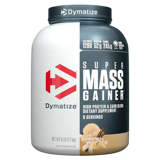 Suplemento Super Mass Gainer Dymatize sabor vainilla, alto contenido de proteína y carbohidratos para ganar masa muscular